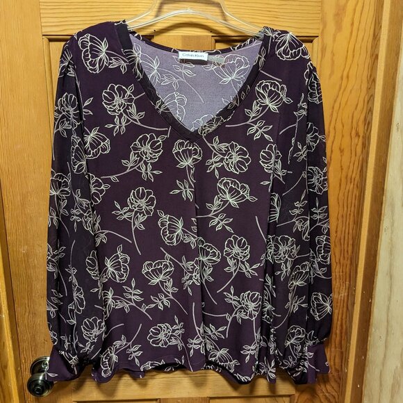 Calvin Klein Burgundy/Plum Floral V-neck Blouse - Picture 1 of 8